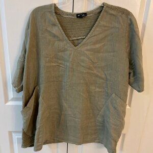 Size 3x Olive Green Linen V-neck Top by Ulla Popken